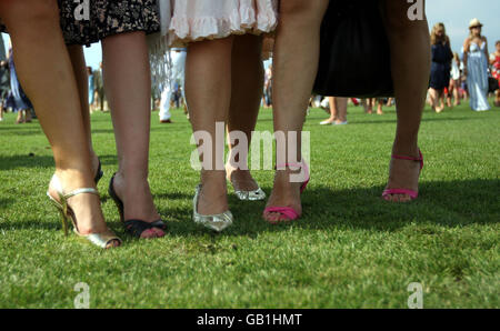 Die Damen ersetzen die Divots in der Halbzeit während des Coronation Cup-Spiels beim Cartier International Polo Tournament im Guards Polo Club im Great Park in Windsor, Bekshire. Stockfoto