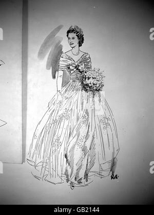 Die Kleider der Brautjungfer, die von Norman Hartnell für die Hochzeit von Prinzessin Elizabeth und Lieut entworfen wurden. Phillip Mountbatten RN. Es ist ein durchscheinender Mantel aus elfenbeinfarbenem Seidentüll. Stockfoto