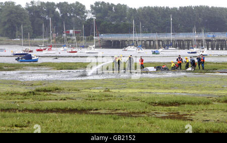 Wal in den Strand. Rettungskräfte versuchen, einen Wal zu retten, der auf Wattflächen im Langstone Harbour in der Nähe von Portsmouth geplagt wurde. Stockfoto