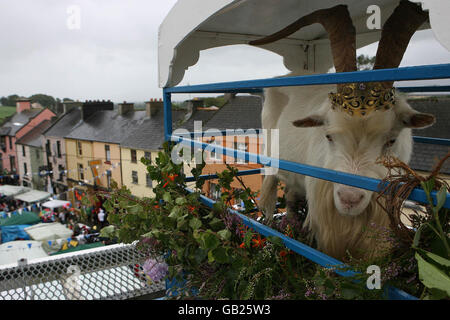 Irlands älteste traditionelle Puck-Messe wird in Killorglin, Grafschaft Kerry, eröffnet. Der Pferdemesse und die Parade durch die Stadt gipfeln in der Krönung von König Puck, einer wilden Bergziege. Stockfoto