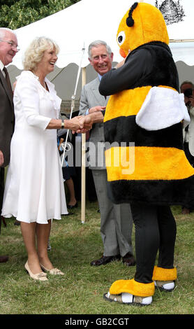 Die Herzogin von Cornwall und der Prinz von Wales treffen auf einen Mann, der als Bumble Bee gekleidet ist, während einer Tour durch die Sandringham Flower Show, Norfolk. Stockfoto