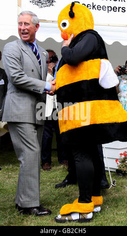 Der Prinz von Wales trifft auf einen Mann, der als Bumble Bee gekleidet ist, während einer Tour durch die Sandringham Flower Show, Norfolk. Stockfoto