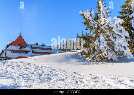 Turbacz Zuflucht in Winterlandschaft von Gorce Gebirge, Polen Stockfoto