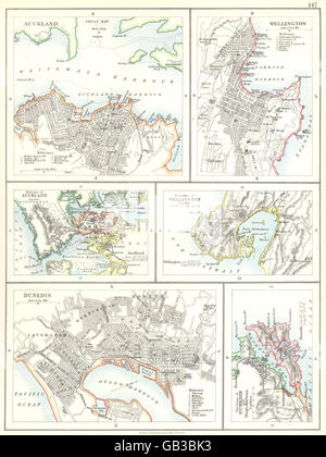 NEW ZEALAND Städte: Auckland Wellington Dunedin Otago Harbour Karte 1897 alt Stockfoto