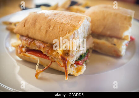 Grilled chicken Panini mit knusprigen Pommes frites Stockfoto