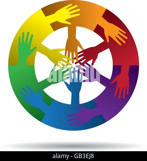 6 Organisation Zusammenarbeit vereint farbenfrohe Symbol Logo. Sechs Partnerschaft Hand in Hand zusammen in einem Kreis für Freundschaft, Tee Stock Vektor