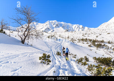 Berge, bedeckt mit Schnee und Skifahrer am Winterwanderweg in Rohace Tal, hohe Tatra, Slowakei Stockfoto