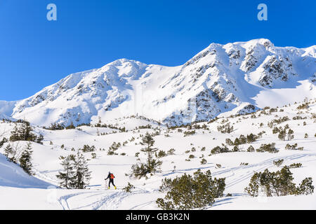 Berge, bedeckt mit Schnee und Ski Tourer auf Winterwanderweg in Rohace Tal, hohe Tatra, Slowakei Stockfoto