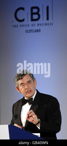 Premierminister Gordon Brown hält eine Keynote-Rede vor dem schottischen CBI im Glasgow Hilton Hotel. Stockfoto