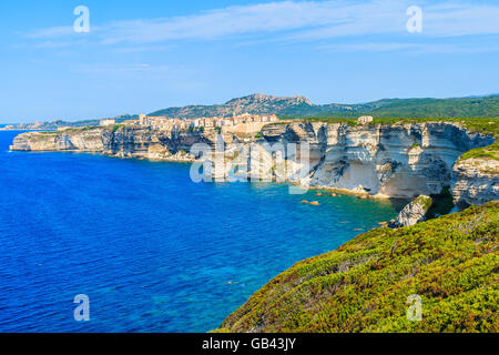 Ein Blick auf Bonifacio Altstadt gebaut auf hohen Felsen über dem Meer, Korsika, Frankreich Stockfoto