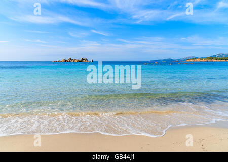 Kristallklares Meerwasser auf Palombaggia Strand, Korsika, Frankreich Stockfoto