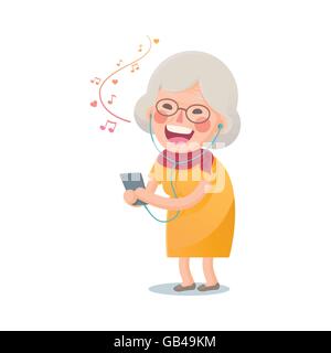 Vector Illustration der glücklich Oma hören die Musik vom Smartphone auf weißem Hintergrund, niedlichen Cartoon Charakter isoliert Stock Vektor