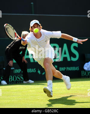 Der Großbritanniens Andy Murray im Einsatz gegen den österreichischen Jurgen Melzer während des Davis Cup, der World Group, Play-offs im All England Lawn Tennis Club, Wimbledon, London. Stockfoto