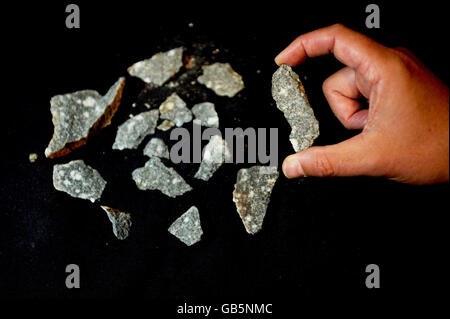 Stücke von Blaustein aus den Preseli Hills, in West Wales, während einer Pressekonferenz in London nach einer Ausgrabung in Stonehenge entnommen. Stockfoto