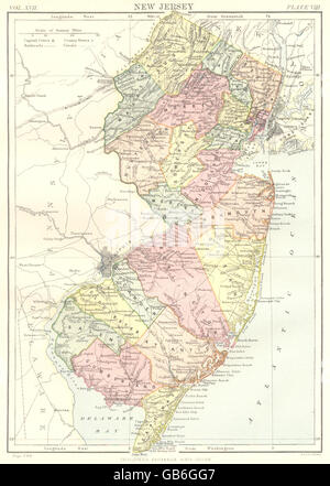 NEW JERSEY: State Karte zeigt Grafschaften. Britannica 9. Auflage, 1898 Stockfoto