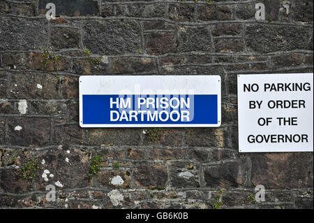 HM Gefängnis Dartmoor Schild. Allgemeine Ansicht des HM Gefängnisses Dartmoor Schild, Devon. Stockfoto