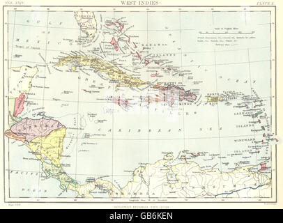 Karibik: Westindien & Mittelamerika. Britannica 9. Auflage, 1898 alte Karte Stockfoto