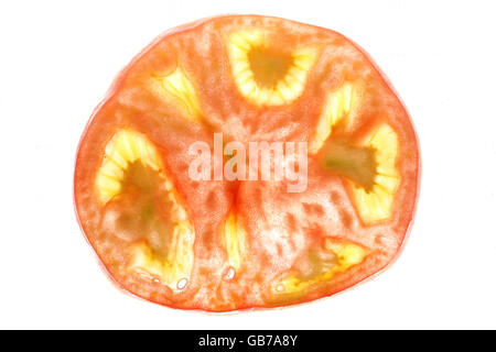 in Scheiben geschnittene rote Tomate hautnah in weiß Stockfoto