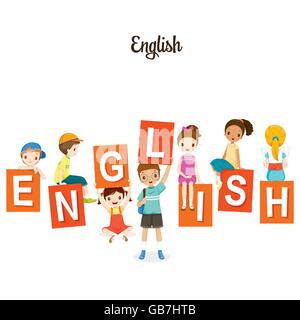 Kinder mit englischen Alphabete, zurück zur Schule, pädagogische, Schreibwaren, Buch, Kinder, Themen, wissen, Lehrmittel Stock Vektor