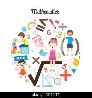 Kinder mit Mathematik Formel, Anzahl und Ikonen, zurück zur Schule, pädagogische, Schreibwaren, Themen, wissen, Lehrmittel Stock Vektor