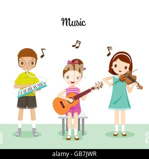 Kinder spielen Harmonium, Gitarre und Violine, zurück zur Schule, pädagogische, Schreibwaren, Buch, Themen, wissen, Lehrmittel Stock Vektor