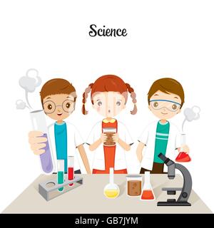 Kinder In Wissenschaft Klasse experimentieren, zurück zur Schule, pädagogische, Schreibwaren, Buch, Themen, wissen, Lehrmittel Stock Vektor