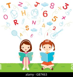 Kinder-Lesebuch, Welttag des Buches, zurück zur Schule, pädagogische, Schreibwaren, Lehrmittel, Objekte, Symbole Stock Vektor