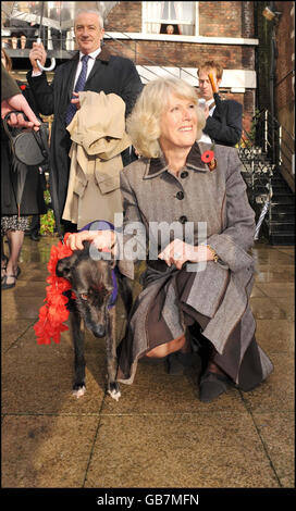 Die Herzogin von Cornwall bei einer Wohltätigkeitsfeier des nepalesischen "Tag des Hundes" im Garten der Royal Over Seas League in London. Stockfoto