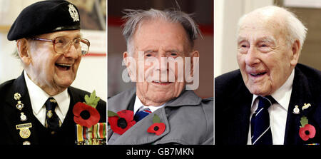 Undatierte Zusammenstellung von Dateifotos von (von links nach rechts) Veteranen des Ersten Weltkriegs Bill Stone, 108, Harry Patch, 110 und Henry Allingham, 112. Wenn die Gesundheit es erlaubt, werden sie einen Gottesdienst im Cenotaph im Zentrum von London besuchen, um an den Waffenstillstandstag zu erinnern. Stockfoto