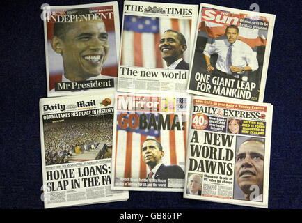 Titelseiten einiger der britischen Nationalzeitungen, die auf die Wahl des Präsidenten Barack Obama reagierten. Stockfoto