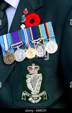 Ein Mitglied der Whitesabbey Royal British Legion während eines Gedenkgottesdienstes am war Memorial in Drogheda Town, um gefallenen Soldaten aus dem Norden und Süden der Grenze zu gedenken. Stockfoto