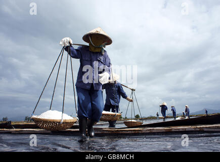 Salz Arbeiter arbeiten auf Salina, sie ernten weißen Salz in Ba Ria Stockfoto