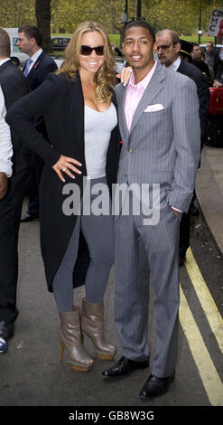 Popstar Mariah Carey und Ehemann Nick Cannon kommen im Dorchester Hotel im Zentrum von London an. Stockfoto
