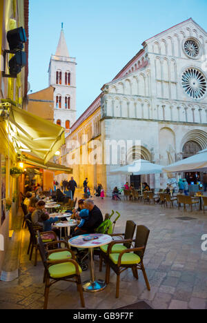 Cafe Terrasse, Trg Svete Stosije entlang der Broad Street, mit Kathedrale, alte Stadt Zadar, Nord-Dalmatien, Kroatien Stockfoto