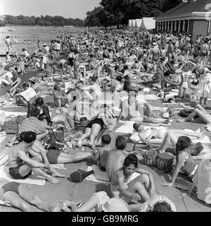 Fünftausend Menschen sonnen sich im Serpentine Lido in der heißen Londoner Hitze. Um 16 Uhr erreichte die Temperatur 92 Grad, was dem Rekord vom 3. Juni 1947 entspricht. Stockfoto