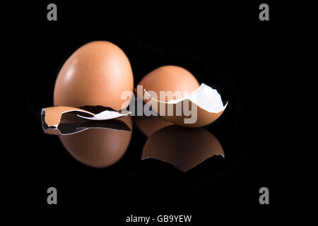 Eierschalen auf schwarzem Hintergrund Stockfoto