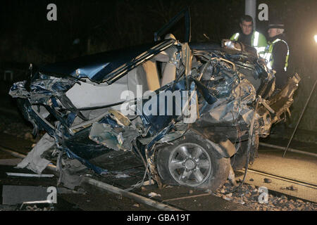 Leeren Waggon Hits auf dem richtigen Weg Stockfoto