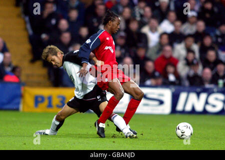 Fulhams Junichi Inamoto (l) steckt seinen Fuß hinein, um zu klopfen Der Ball weg von Bolton Wanderers' Ricardo Gardner (r) Stockfoto