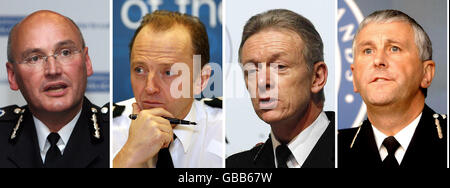 Undatierte Fotos von (von links nach rechts) dem amtierenden Metropolitan Police Commissioner Sir Paul Stephenson, dem Chief Constable von Nordirland Sir Hugh Orde, dem Merseyside Chief Constable Bernard Hogan-Howe und dem West Midlands Chief Constable Sir Paul Scott-Lee, den vier Kandidaten, die für das Amt des Metropolitan Police Commissioner nominiert wurden. Stockfoto