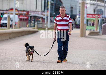 Mann, Spaziergang mit seinem Hund an der Leine entlang der Promenade in Blackpool, Lancashire, UK Stockfoto