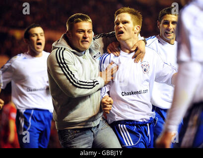 Barrows Jason Walker feiert das erste Tor des Spiels während des Spiels des FA Cup Third Round im Riverside Stadium, Middlesbrough. Stockfoto