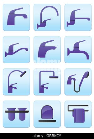 Wasser Armaturen und Bad Accessoires Icons Set - Vektor-illustration Stock Vektor