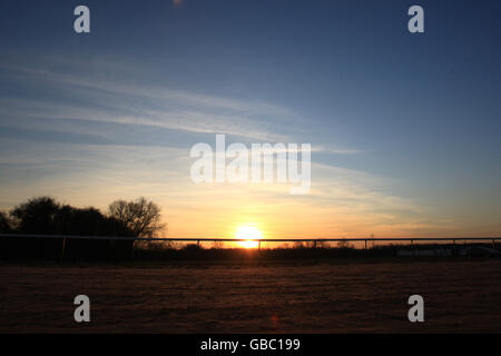 Pferderennen - Southwell Racecourse. Action von der Rennstrecke Southwell bei Sonnenuntergang Stockfoto