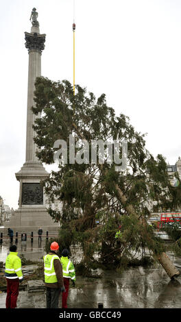 Eine Gruppe von Ingenieuren senkt den Trafalgar Square Weihnachtsbaum, um ihn zu zerkleinern und zu recyceln. Stockfoto