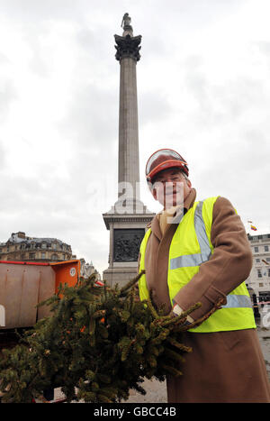 Richard Barnes, der stellvertretende Bürgermeister von London, hilft, den Weihnachtsbaum am Trafalgar Square zu schredden, da er im Zentrum Londons recycelt wird. Stockfoto