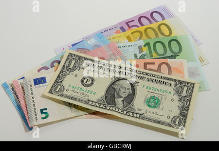 Dollar und Euro-Noten Stockfoto