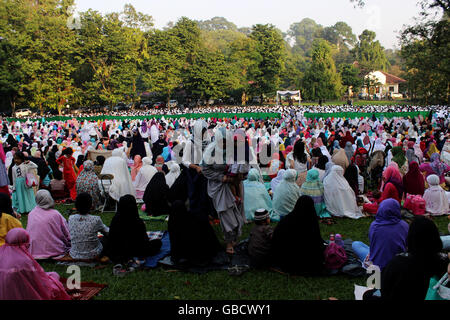 Bogor, Indonesien. 6. Juli 2016. Muslimischen Gläubigen beten auf Eid in Kebun Raya Bogor, Indonesien. Tausende von Einwohnern von Bogor, während sich in anderen Salat Eid 1 Shaww? l 1437 Hijri. Der Bürgermeister von Bogor Bima Arya beitreten das Gebet zusammen mit Sekretär von Bogor Sarip Ade Hidayat und stellvertretender Vorsitzender des Bogor DRPD Heri Cahyoo und dem Leiter der Kongregation zusammen mit Muslimen. Bildnachweis: Sutrisno Bewohner /Pacific Presse/Alamy Live-Nachrichten Stockfoto