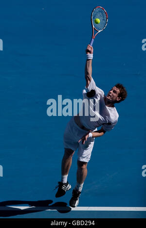 Der Großbritanniens Andy Murray im Einsatz gegen den spanischen Fernando Verdasco während der Australian Open 2009 im Melbourne Park, Melbourne, Australien. Stockfoto