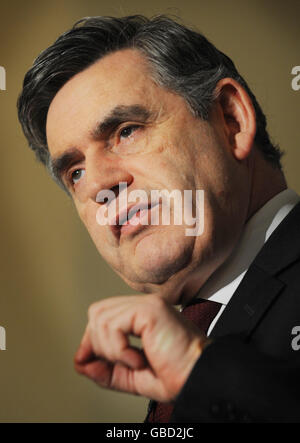 Premierminister Gordon Brown während seiner Rede über Großbritannien und die Weltwirtschaft bei der Foreign Press Association in London. Stockfoto