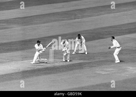 (L-R) der englische Tom Graveney versucht, den Ball an David Allan, Seymour Nurse und Gary Sobers von West Indies vorbei zu fegen Stockfoto